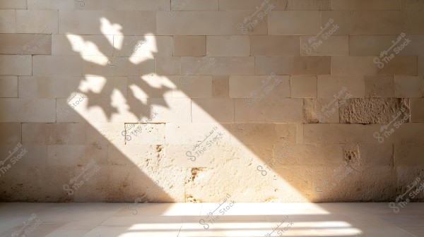 The image depicts a wall made of natural, light beige stones, upon which the shadow of an intricately designed star-shaped window is cast. The shadow extends diagonally from the top left to the bottom right, creating a beautiful contrast with the wall. The floor is partially visible at the bottom with sunlight reflections.