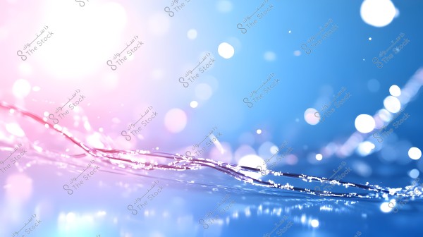 Abstract image featuring gradients of blue and pink colors with light effects and scattered light spots. In the center, there are thin, shimmering lines composed of small light dots, adding depth and motion to the image.