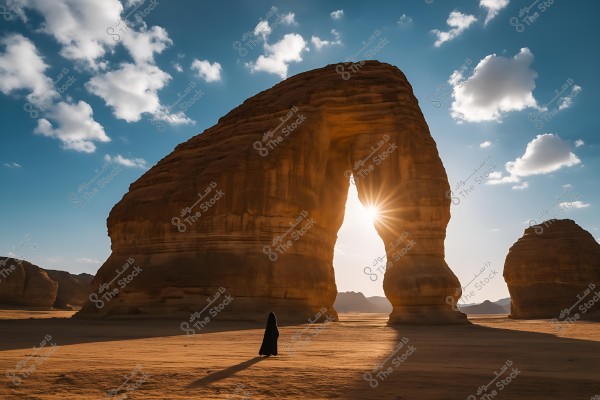 A landscape photo from AlUla, Saudi Arabia, featuring a large arch-shaped rock formation with the sun shining through it. The sky is blue with scattered clouds, and a small figure stands in the distance on the sand wearing a black abaya.