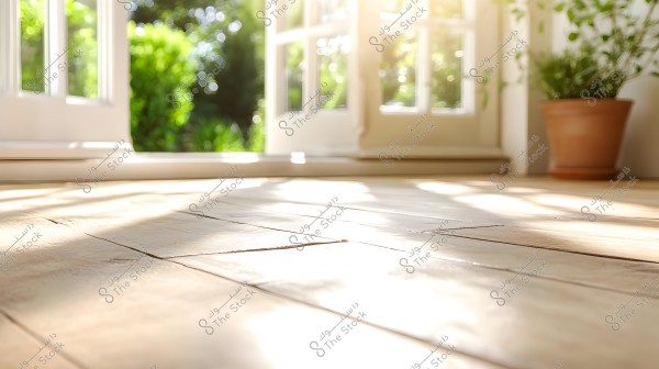 An image depicting a wooden floor in a sunlit room. In the background, there is an open door or window overlooking a lush green garden filled with plants. Beside the doors, there are potted plants containing green foliage, adding a sense of nature and tranquility to the space.