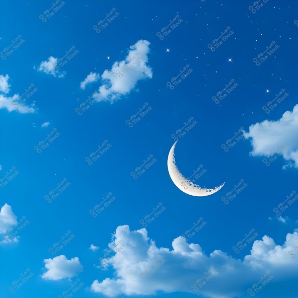 Image of a clear blue sky with thin white clouds and some twinkling stars. The crescent moon is prominently displayed in the middle of the image, radiating light and calmness.