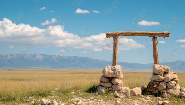 A natural landscape featuring rough stone structures forming a simple gate in the middle of a vast grassy field. In the background, a mountain range is visible beneath a blue sky dotted with scattered white clouds.
