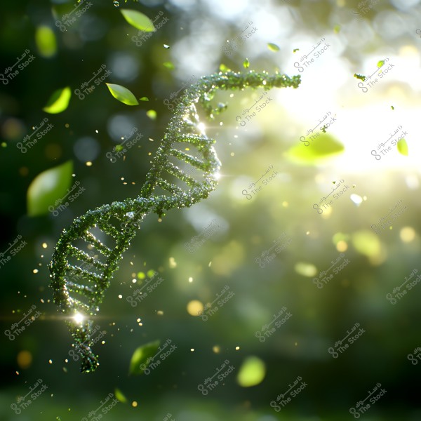 Image of a green DNA molecule formed from small floating plant leaves against a bright natural background. Sunlight beams onto the molecule, causing the leaves to sparkle, creating a sense of integration between science and nature.