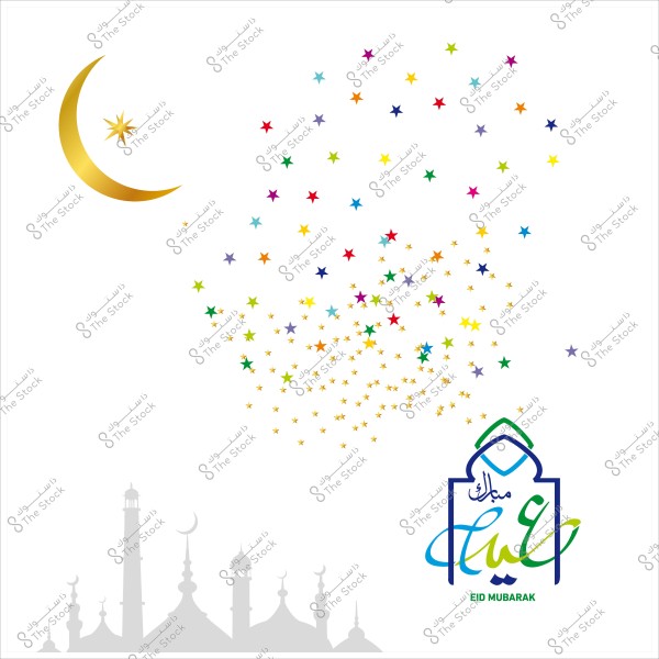 Eid Mubarak greeting design with a golden crescent, colorful stars, Arabic calligraphy, and a grey mosque silhouette background.