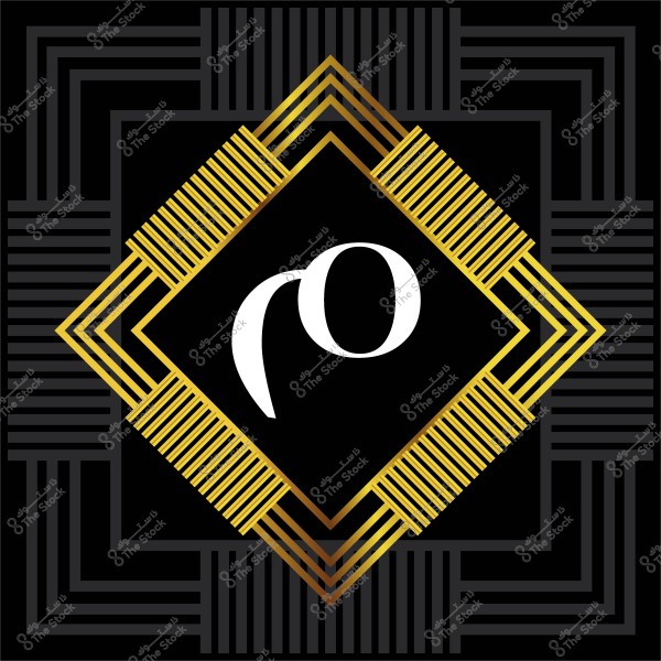 A geometric design featuring an overlapping square shape made of golden lines on a black background. In the center of the image, there is a white symbol resembling the letter \"ر\". The design has a modern and elegant feel.