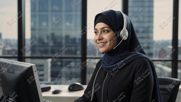 modern office setting featuring a woman wearing a black hijab and a headset, engaged in a call while working on a computer.