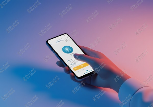 A hand holding a smartphone displaying an application named \"Allimpay\". The screen shows a financial interface with icons and text in English. The background features shades of blue and pink, creating a modern and technological atmosphere. The hand is wearing a long-sleeved shirt.