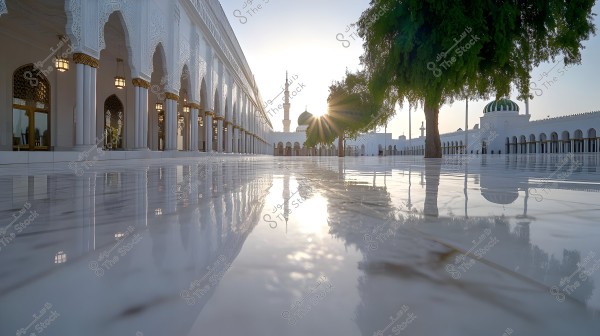 Image showing a wide courtyard of a large mosque, surrounded by decorative white pillars and arches on the left side. In the background, a minaret and a green dome are visible next to a large tree. The low sun casts its shadows on the shiny floor, creating beautiful reflections on its surface.