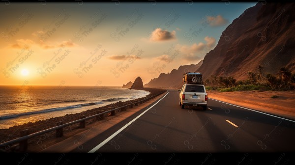 AI rendering of a family car traveling on a coastal road at sunset, with mountains and ocean in the background.