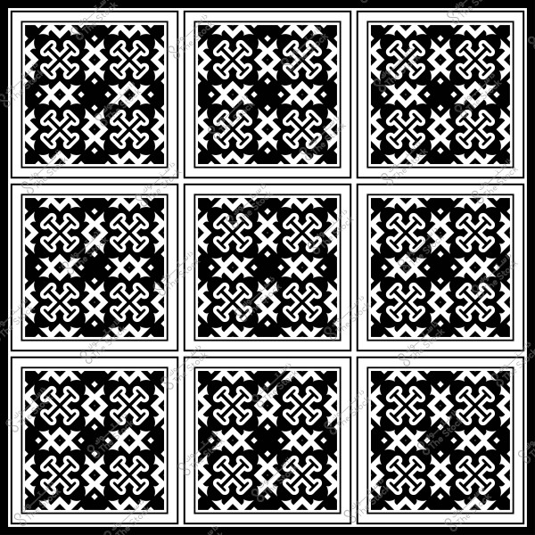 نمط زخرفي أبيض وأسود مكون من تسع بلاطات مربعة تحتوي على أنماط متكررة من الأشكال الهندسية.