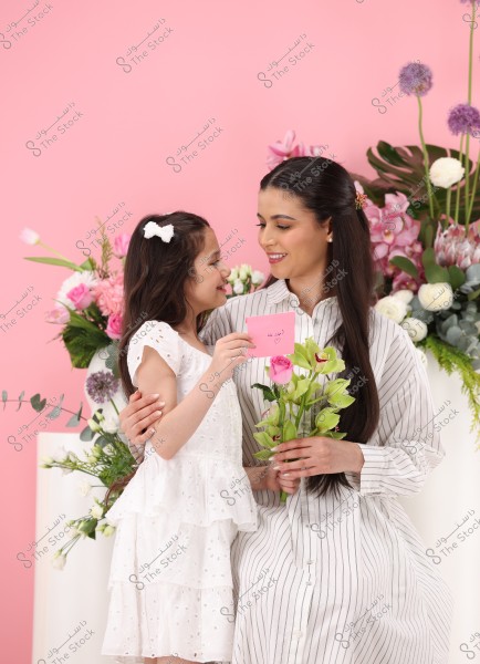 ** A mother and her daughter stand in front of a pink background filled with flowers. The mother is wearing a striped white and black dress, and is receiving a pink card from her daughter, who is wearing a frilly white dress. The girl is holding a pink card that says \"I love you.\" A variety of colorful flowers in the background adds a joyful and positive atmosphere.\r\n\r\n**
