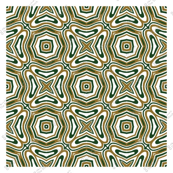 نمط هندسي متكرر بأشكال سداسية وخطوط متموجة بألوان بني وأخضر وأبيض.
