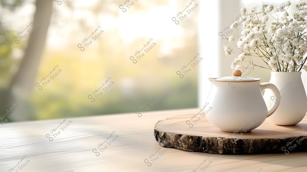 An image depicting a white teapot with a wooden lid placed on a round wooden base. Next to the teapot is a white vase containing beautiful white flowers. The background is blurred with light colors, providing a sense of calmness and nature.