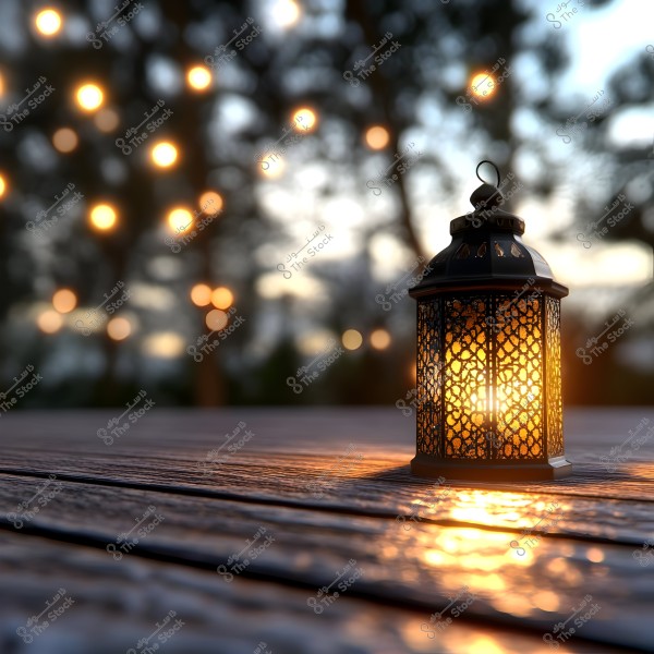 A decorative metal lantern lit up on a wooden surface in the evening, with a background of twinkling lights and blurred trees, giving a warm and spiritual ambiance.