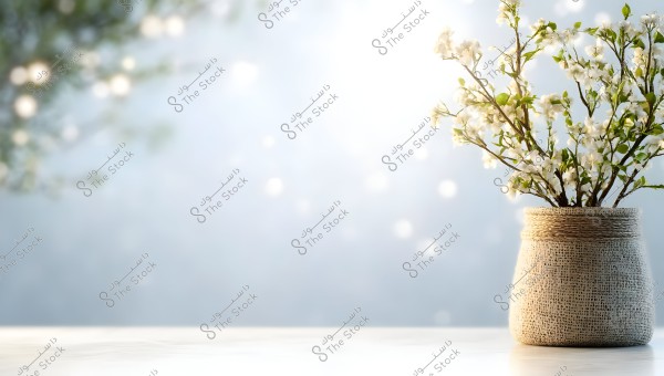 A vase decorated with small white flowers on brown stems, placed on a white surface. The background is blurred and features circular light effects, illuminated in soft blue colors, giving a serene and natural feeling.