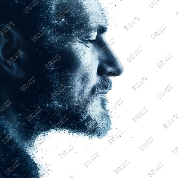 A portrait of a man with a white background, showing a complete side profile of his face. The image features a fragmented effect resembling scattered particles, creating an artistic visual effect. The contours highlight the prominent facial features, with a color gradient in shades of blue.