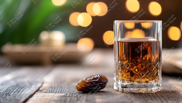 An image showing a stylishly designed glass cup containing a brown beverage, placed on a wooden table. In front of the glass, there is a ripe date. The background features blurred circular lights, adding a warm and festive atmosphere to the image.