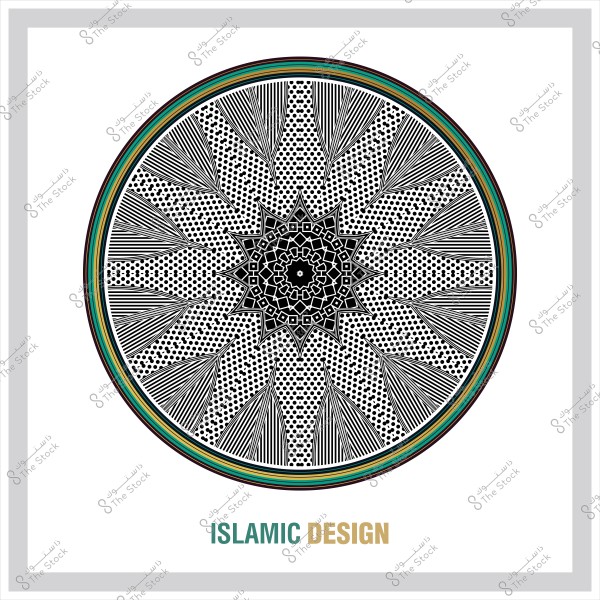 Circular Islamic geometric design in black and white with intricate decorative details and patterns.