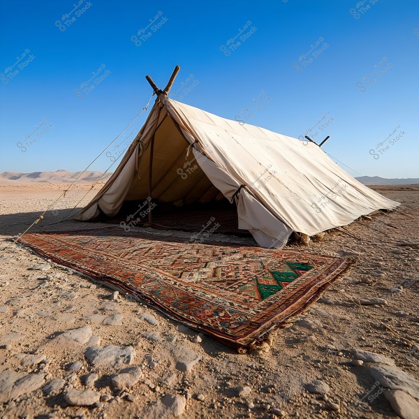 Image of a traditional white tent in the middle of the desert, with a colorful patterned carpet laid out on the ground in front of it. The sky is a clear blue with small mountains visible in the distant background.