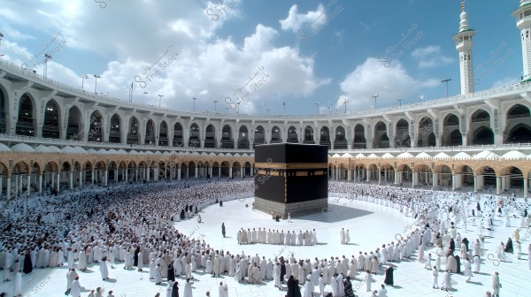 The image shows the Kaaba in the center of the Grand Mosque in Mecca, Saudi Arabia. Hundreds of pilgrims and worshippers are gathered around the Kaaba, wearing white Ihram garments. The large building with arches is visible in the background, along with a blue sky and white clouds.