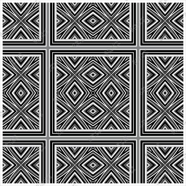 تصميم هندسي بتكرار لأنماط بالأبيض والأسود يشكل مربعات وخطوط متقاطعة.