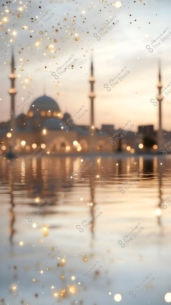 An image depicting a beautiful view of a mosque with golden sparkles in the sky. The mosque features domes and illuminated minarets, with their reflection on the water surface at dusk. The atmosphere is calm and enchanting, highlighted by the twinkling lights in the background.