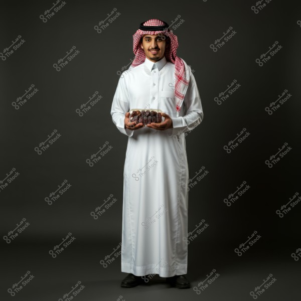 An image of a man wearing a traditional Saudi thobe in white with a red checkered shemagh and ghutra, holding a bowl of dates. He is standing and smiling against a gray background.