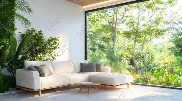A bright living room featuring a modern white sofa adorned with gray cushions, placed in front of a large floor-to-ceiling window. The window offers a view of a lush green garden outside, filled with trees and tropical plants. The room is decorated with indoor plants, adding a natural touch, with wooden flooring and a simple ceiling design.