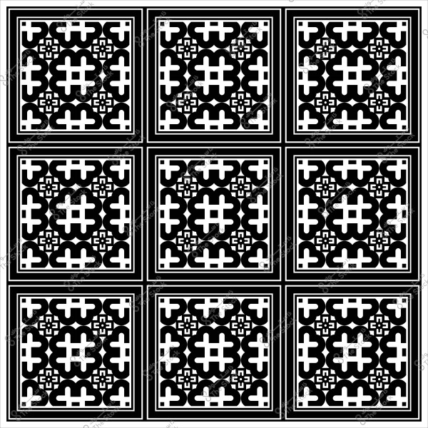 نمط هندسي أبيض وأسود مكون من تسع مربعات بزخارف متكررة.