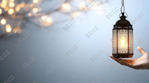 A hand holding an ornate metallic lantern glowing with a yellow light against a soft blue background. The lantern is illuminated with intricate designs, and on the left side of the image, there are blurred small lights, adding a warm and romantic ambiance.