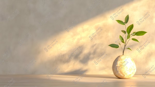 A round pot on a smooth wooden table surface, from which a plant with green leaves emerges. Shadows extend diagonally across the warm-colored wall in the background, creating a natural lighting effect.