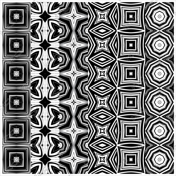 تصميم هندسي أبيض وأسود يتكون من أنماط متكررة بأشكال هندسية مختلفة, منها مربعات ونجوم.