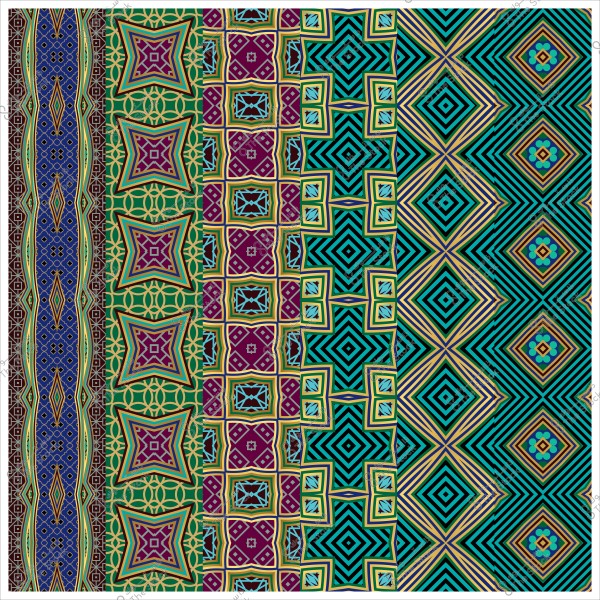 A colorful geometric pattern featuring repetitive designs in various colors including blue, green, and purple.