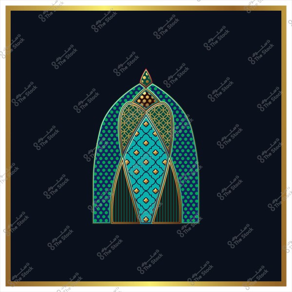 تصميم زخرفي بأسلوب إسلامي بألوان ذهبية وخضراء وزرقاء.
