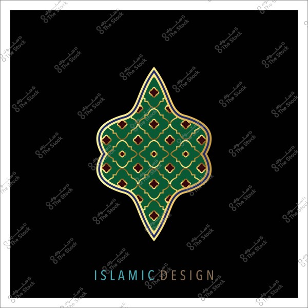 تصميم زخرفي إسلامي بألوان خضراء وذهبية مع خلفية سوداء.