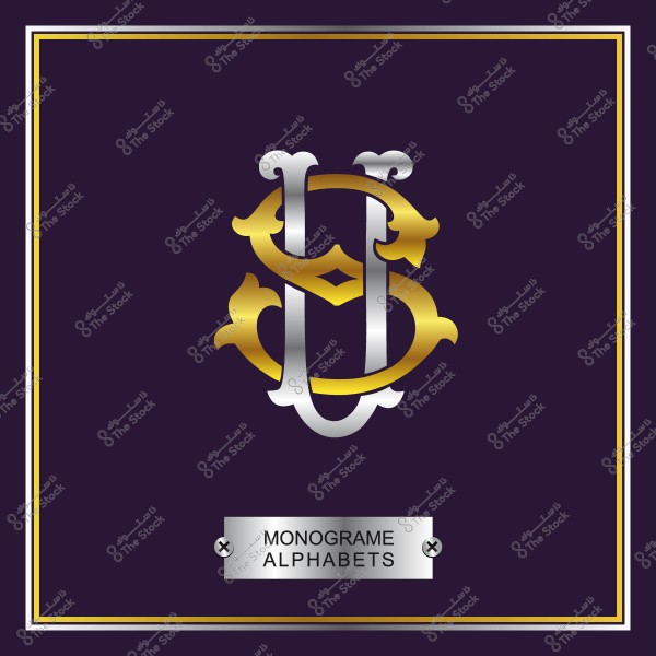 تصميم حرفي بأسلوب المونوغرام باللونين الذهبي والفضي على خلفية بنفسجية.
