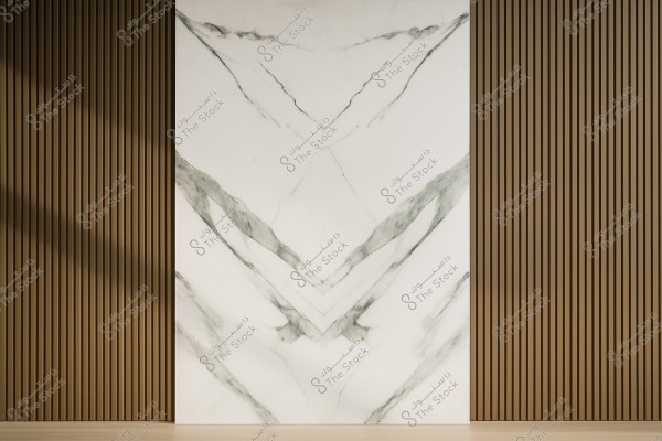 The image shows an interior design featuring a wall adorned with white marble and wavy gray veins. The wall is framed by vertical wooden panels, enhancing the elegance of the design. Soft lighting falls on the wall, adding a sense of warmth and comfort.