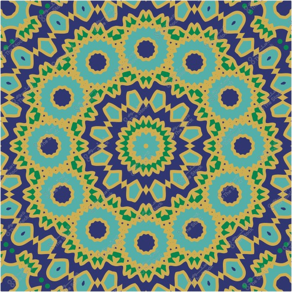 تصميم زخرفي ملون يتضمن أنماط هندسية متماثلة باللونين الأزرق والأصفر.