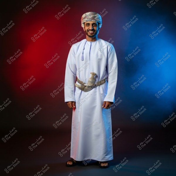 Image of a man wearing traditional Omani attire, the white kandura, and an Omani turban on his head. He stands smiling against a background illuminated with blue and red colors. He has a decorated Omani dagger at his waist, secured with fabric.