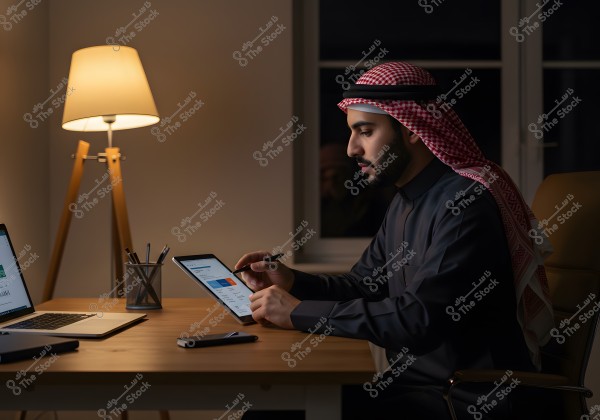 A man sitting at a desk in a workspace illuminated by a floor lamp. He is wearing a dark traditional thobe with a red and white checkered headscarf. He is using a tablet with a stylus, displaying a chart. The desk also contains a laptop, a notebook, and a mobile phone.