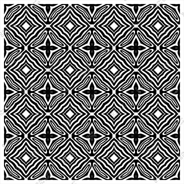 نمط زخرفي أبيض وأسود بتصميم هندسي متكرر يحتوي على أشكال متقابلة.