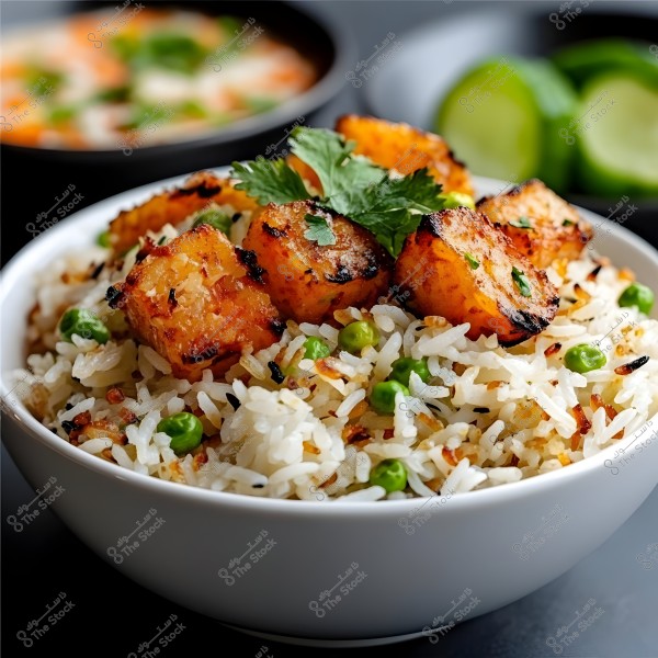 A white bowl containing basmati rice topped with pieces of spicy grilled potatoes and green peas. The dish is garnished with fresh green cilantro leaves. In the background, there is a blurred plate with cucumber slices and a yogurt cup.
