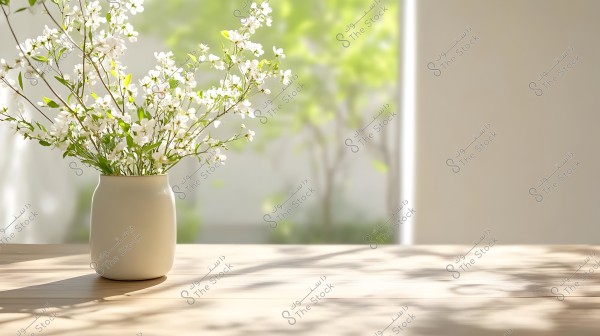 A white vase containing small white flowers with green stems on a light wooden surface. The background is blurred, showing green plants illuminated by sunlight.