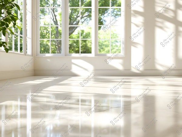 Image of a bright room with large open windows allowing natural sunlight to enter. The floor is shiny, showing reflections from the window. Outside the window, dense green trees are visible. An indoor plant in the corner adds a touch of green to the interior.