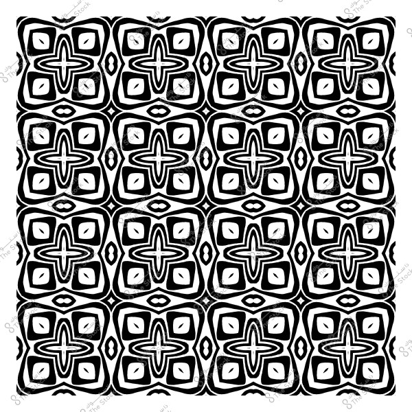 نمط زخرفي أبيض وأسود يتكون من أشكال هندسية مكررة بزخارف متداخلة.