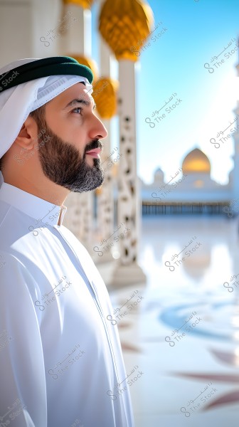 A portrait of a man wearing a white kandura, white ghutra, and black agal, standing beside a mosque adorned with white and gold columns. The dome of the mosque is visible in the background under a clear blue sky.