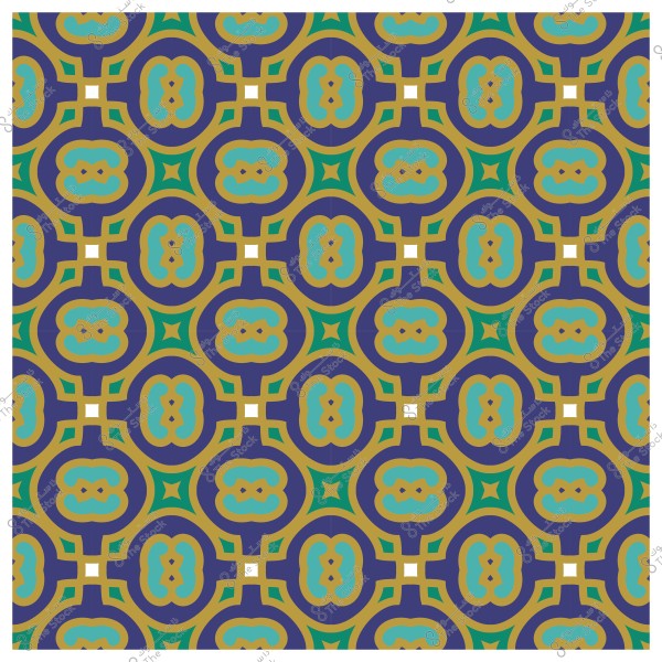 Repeated geometric pattern with oval shapes and decorations in blue, yellow, and green colors.