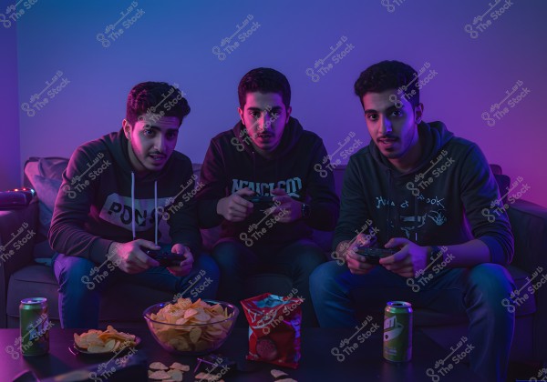 An image of three young men sitting on a couch in a dimly lit room with blue and purple lighting. Each holds a gaming controller, and in front of them is a coffee table with a large bowl of potato chips and cans of soda. They are wearing hoodies and jeans. The room looks cozy and set up for a gaming session.