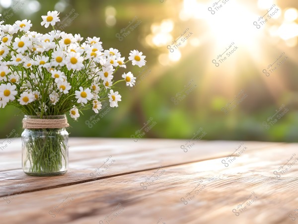 A glass jar containing a bouquet of small white daisies with yellow centers, placed on a wooden table. The golden sunlight filters through the blurred green background, creating a warm and soothing atmosphere.