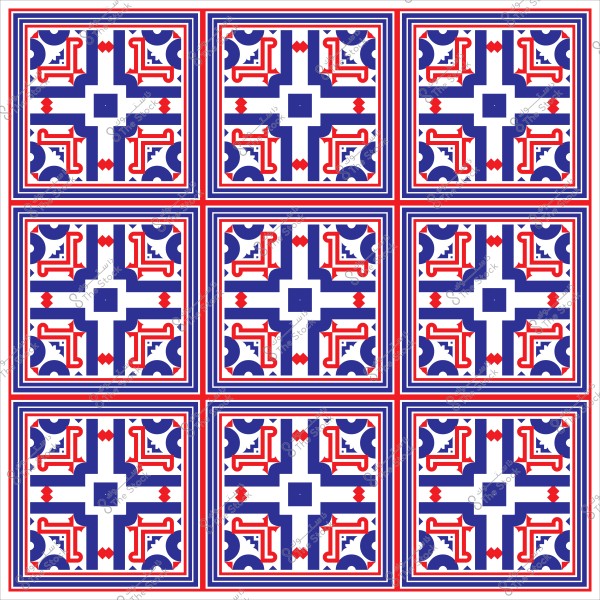 تصميم بلاط مزخرف بنمط هندسي بألوان الأحمر والأزرق والأبيض.